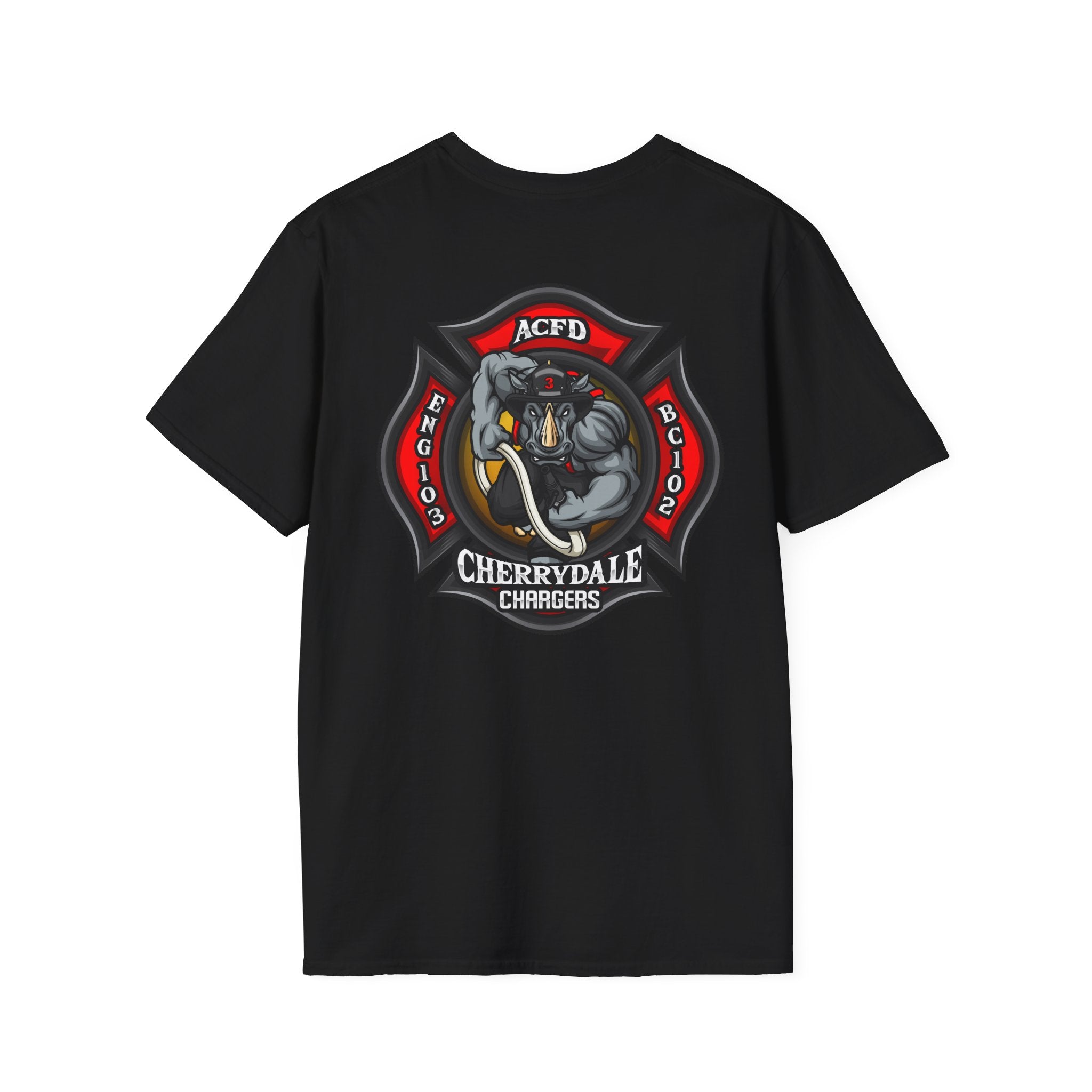 Station 3 front / Rhino back Logo - Gildan Soft Cotton Softstyle T-Shirt