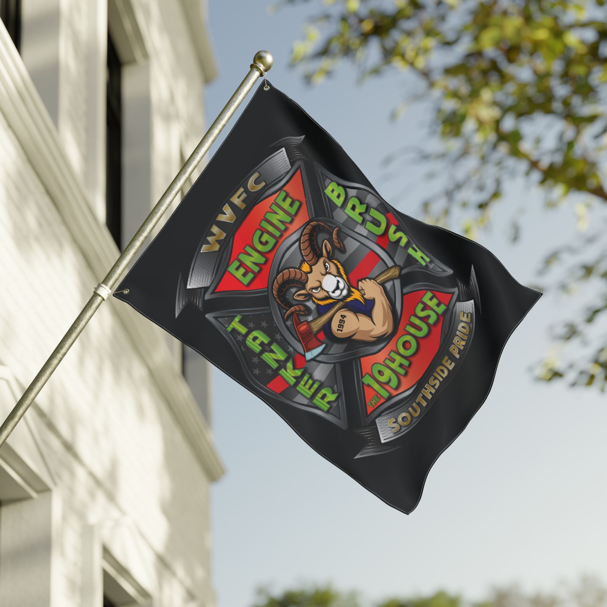 WVFC Goat Logo 2 Vertical - Black Double Sided Flag