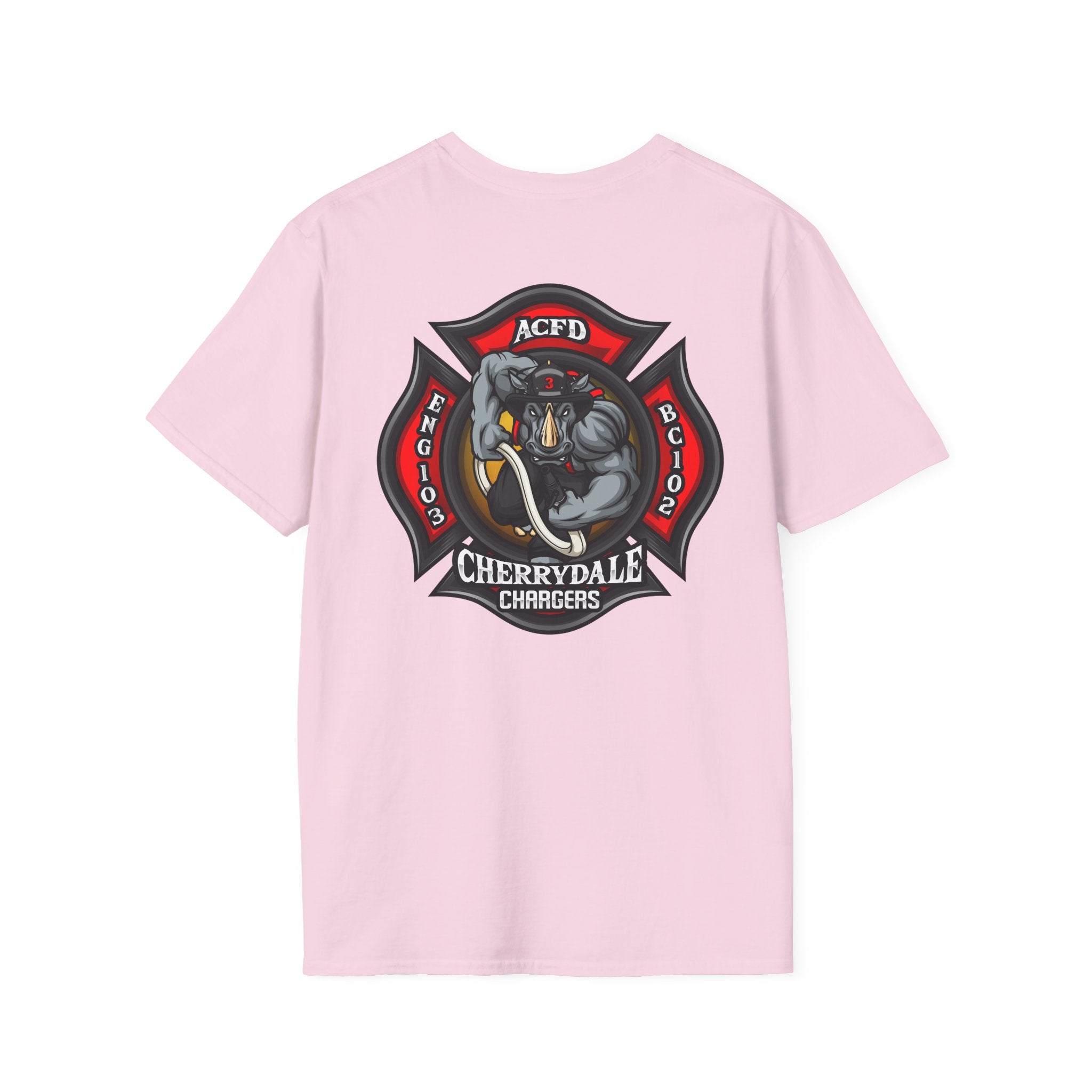 Station 3 front / Rhino back Logo - Gildan Soft Cotton Softstyle T-Shirt