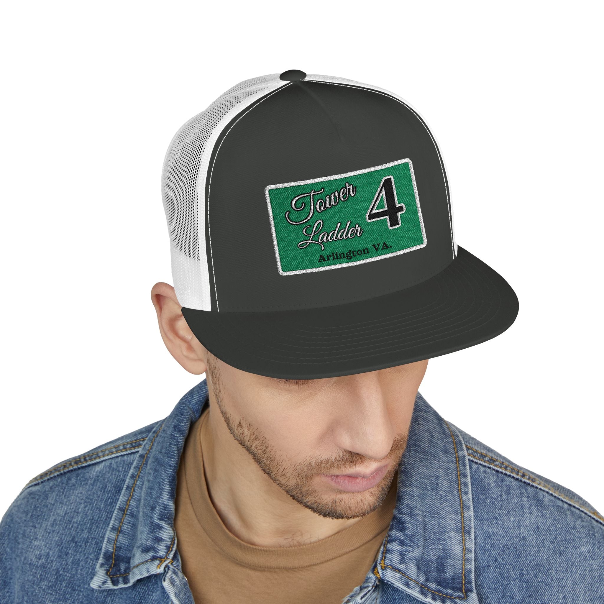Arlington Tower Ladder 4 white border - 5 Panel Trucker Cap (Embroidery)